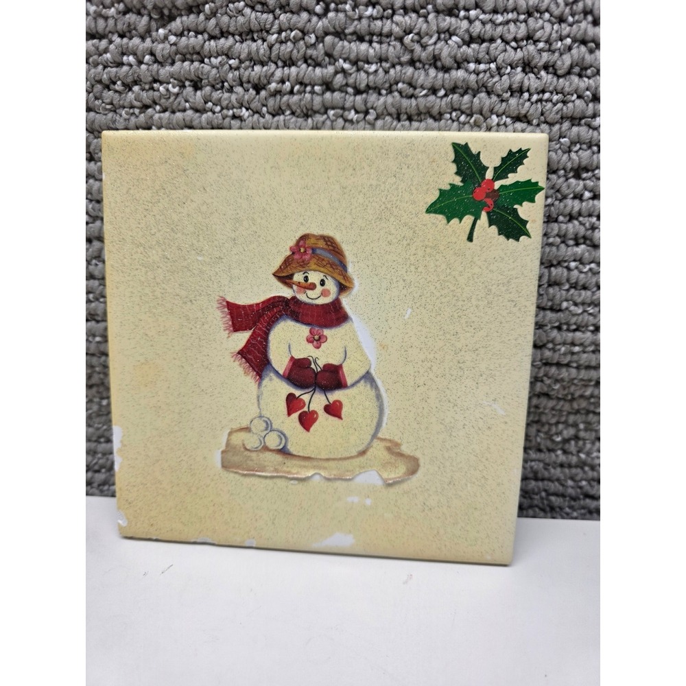 Snowman Holiday Decorative Ceramic Tile Glitter Finish Holly Berry Winter Decor‎